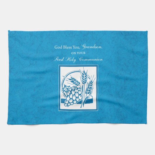 孫の最初のコミュニオンブルー、小麦、ブドウ キッチンタオル (横)