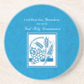 孫の最初のコミュニオンブルー、小麦、ブドウ コースター (正面)