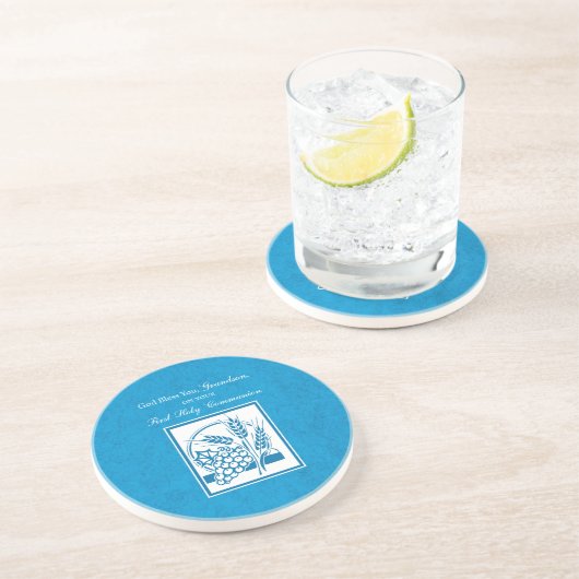 孫の最初のコミュニオンブルー、小麦、ブドウ コースター (側面)