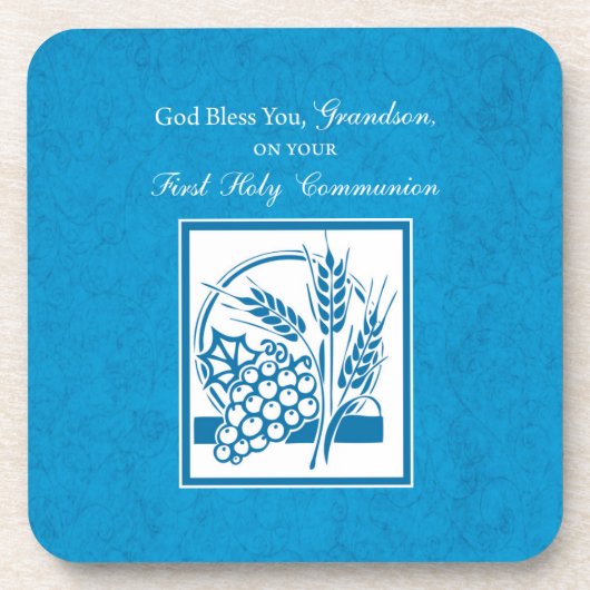孫の最初のコミュニオンブルー、小麦、ブドウ コースター (正面)