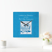 孫の最初のコミュニオンブルー、小麦、ブドウ スクエア壁時計 (ホーム)