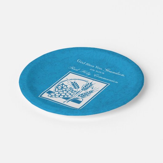 孫の最初のコミュニオンブルー、小麦、ブドウ ペーパープレート (アングル)