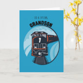孫の第7誕生日の列車、青い小さい男の子 カード (黄色い花)