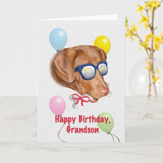 孫の誕生日とラブラドール犬 カード (黄色い花)