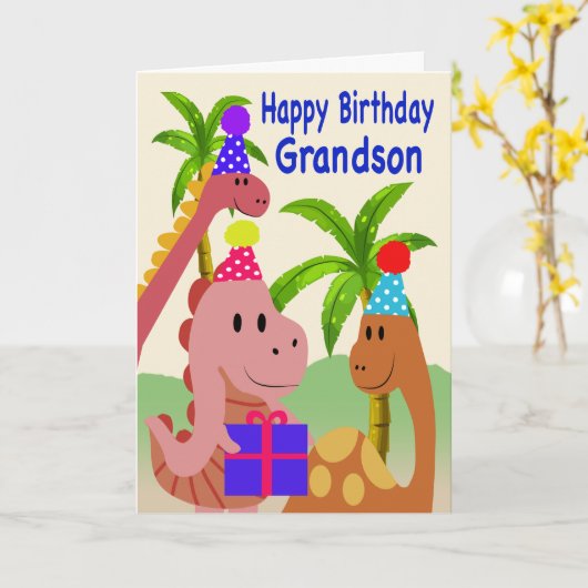 孫の誕生日に恐竜たち カード (黄色い花)