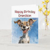 孫の誕生日を祝う面白い犬のグッズ カード (黄色い花)