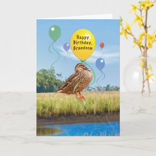 孫の誕生日カードとアヒルと風船 カード (黄色い花)