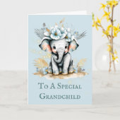 孫の誕生日メッセージかわいいエレファントサファリ カード (黄色い花)