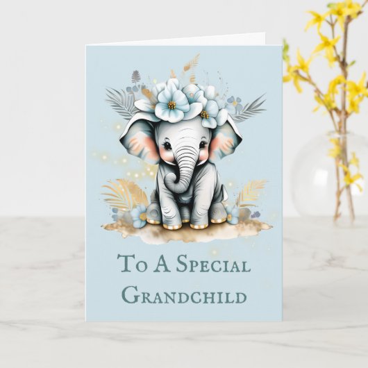孫の誕生日メッセージかわいいエレファントサファリ カード (黄色い花)
