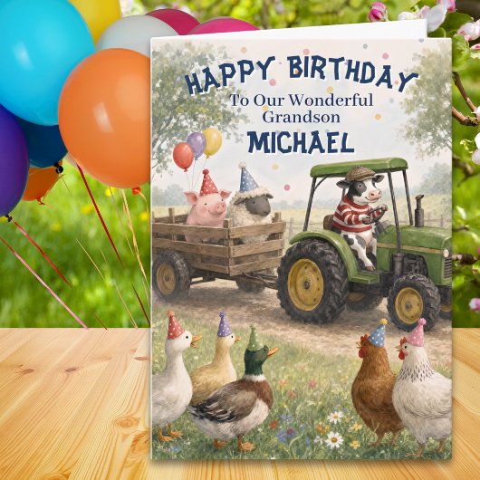 孫の誕生日 トラックと農場の動物たち カード
