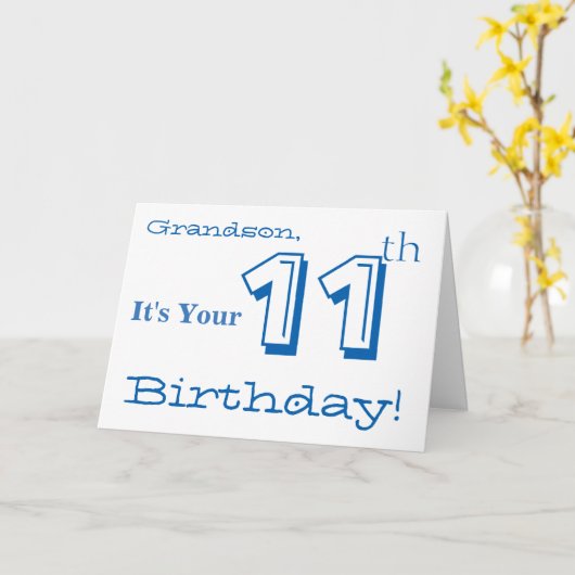 孫の青及び白いの第11誕生日の挨拶 カード (黄色い花)