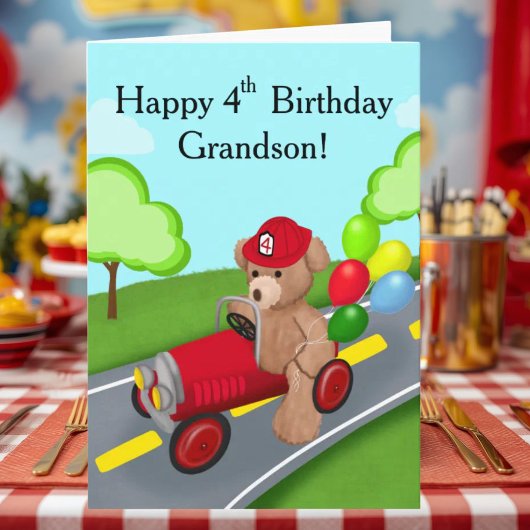 孫の4歳の誕生日おめでとう テディベアと消防車 カード