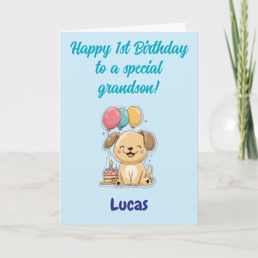 孫の1歳の誕生日おめでとう、ハッピーパピー カード (正面)