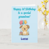 孫の1歳の誕生日おめでとう、ハッピーパピー カード (黄色い花)