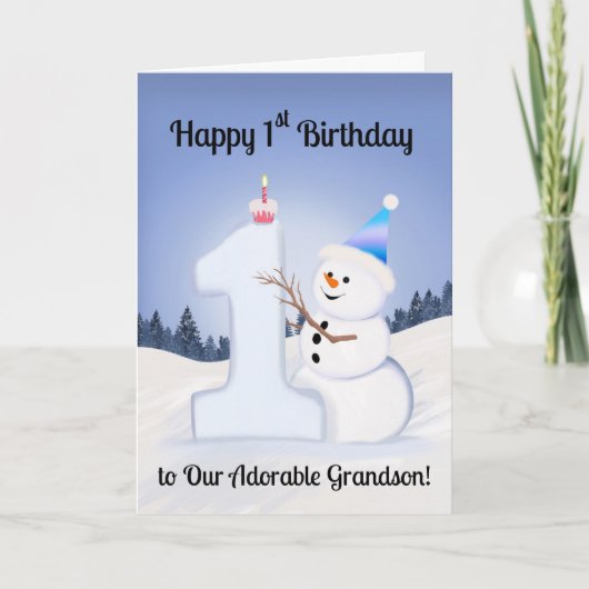 孫の1歳の誕生日を祝う雪だるまを作る カード (正面)