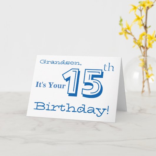 孫の15歳の誕生日の挨拶を青と白で。 カード (黄色い花)