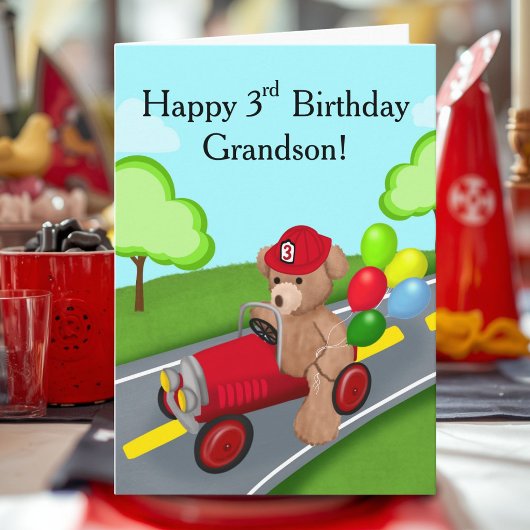 孫の3歳の誕生日おめでとう テディベア 消防車 カード