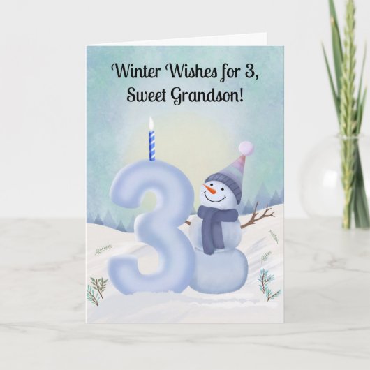 孫の3歳の誕生日 雪だるま 雪景色 3 カード (正面)