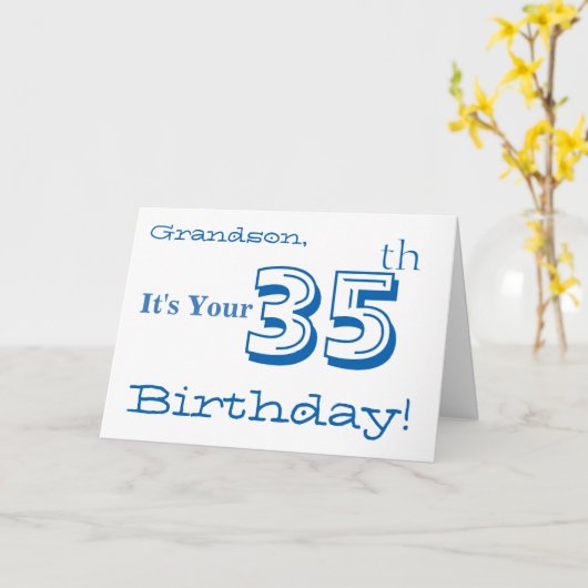 孫の35歳の誕生日の挨拶を青と白で。 カード (黄色い花)