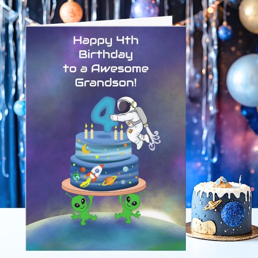 孫の4歳の誕生日おめでとう!宇宙飛行士と一緒にコスモズを満喫 カード