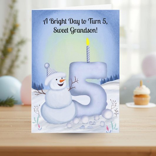 孫の5歳の誕生日 雪だるま 雪景色 カード