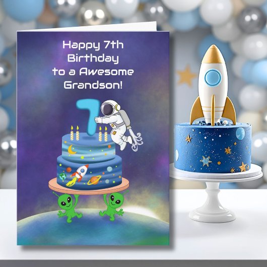 孫の7歳の誕生日おめでとう！宇宙飛行士とクールなデザイン カード