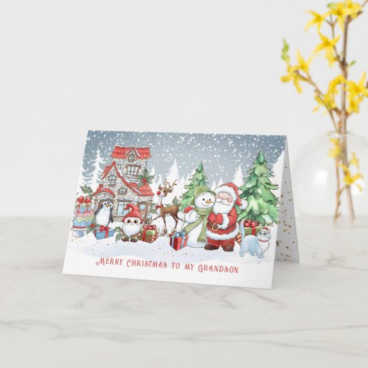 孫クリスマスサンタ雪だるまルドルフCard カード (黄色い花)