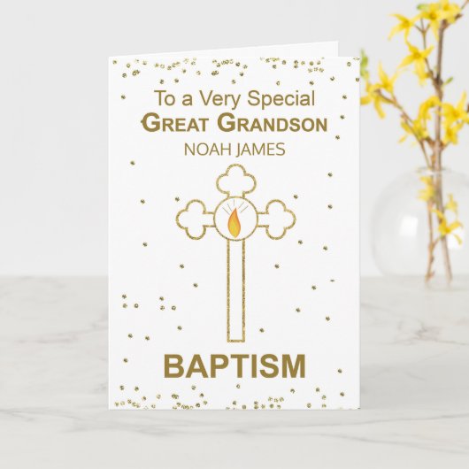 孫名素晴らしパーソナライズされた洗礼金ゴールドルック カード (黄色い花)