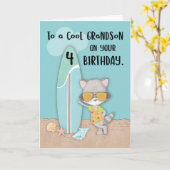 孫四歳の誕生日ビーチおもしろいクールラクーン カード (黄色い花)