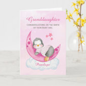 孫娘おめでとうございますベビーガールペンギン カード (黄色い花)