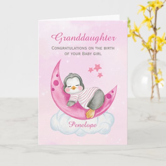 孫娘おめでとうございますベビーガールペンギン カード (黄色い花)