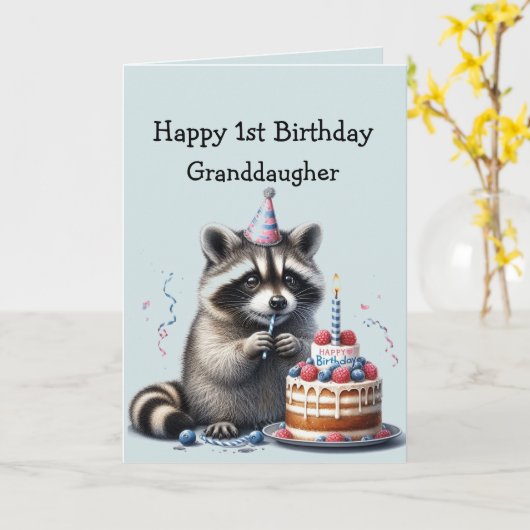 孫娘おもしろいラクーン1歳の誕生日 カード (黄色い花)