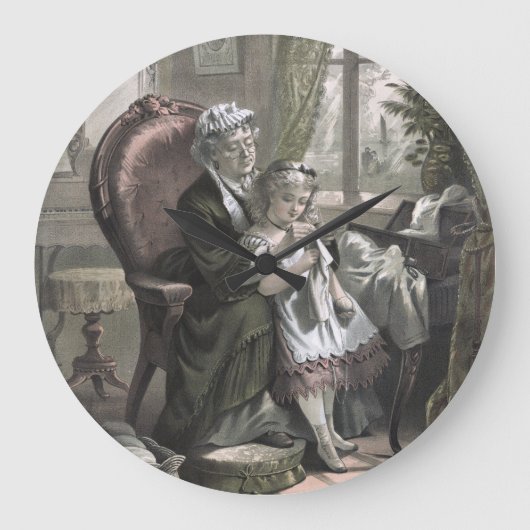 孫娘にKittingを教えているヴィンテージの祖母 ラージ壁時計 (正面)