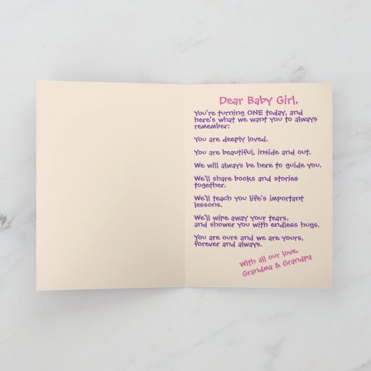 孫娘の最初の誕生日ピンクテディベア カード (内部)