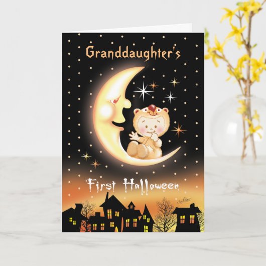 孫娘の最初ハロウィンの月のベビー カード (黄色い花)