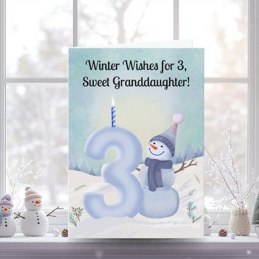 孫娘の３歳の誕生日　雪だるまと雪の数字 カード