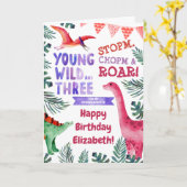 孫娘の3歳の誕生日ピンク恐竜 カード (黄色い花)