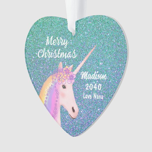 孫娘ティール(緑がかった色)ブルーグリッターユニコーンネームハート オーナメント (正面)