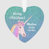 孫娘ティール（緑がかった色）ブルーグリッターユニコーンネームハート オーナメント (正面)