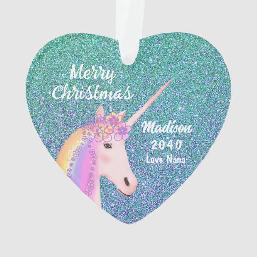 孫娘ティール(緑がかった色)ブルーグリッターユニコーンネームハート オーナメント (裏面)