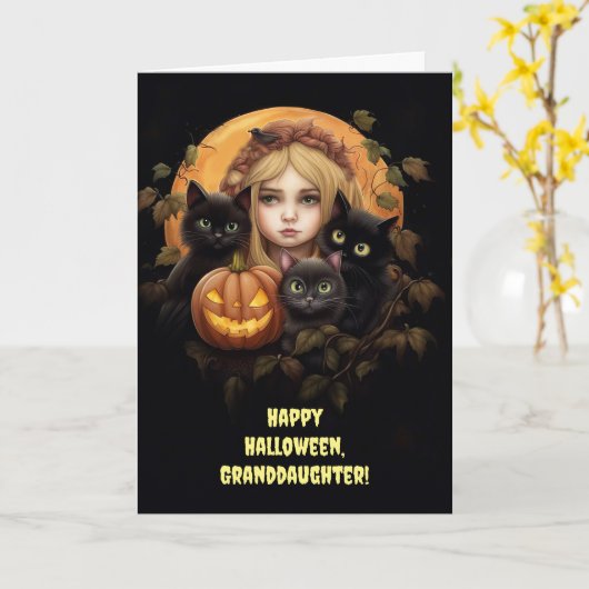 孫娘ハッピーハローウィンカスタム文字with Cat カード (黄色い花)