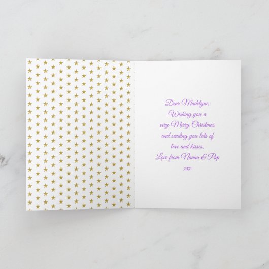 孫娘パープルのためのユニコーングリッタークリスマス シーズンカード (内部)