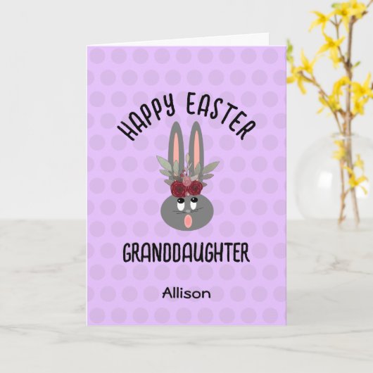 孫娘パープルイースターバニーパーソナライズされた カード (黄色い花)