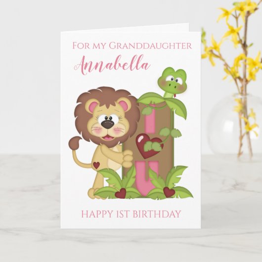 孫娘ファースト誕生日かわいいライオンの写真カード カード (黄色い花)