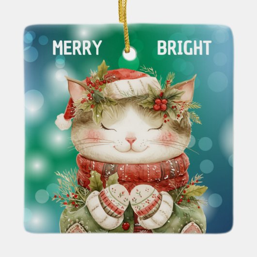 孫娘ホリーキティ猫クリスマス セラミックオーナメント (正面)