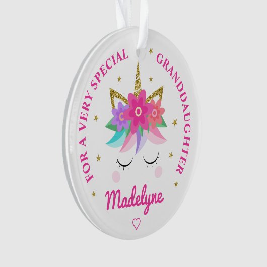 孫娘ユニコーンピンクパーソナライズされたの花 オーナメント (正面)