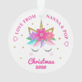 孫娘ユニコーンピンクパーソナライズされたの花 オーナメント (裏面)