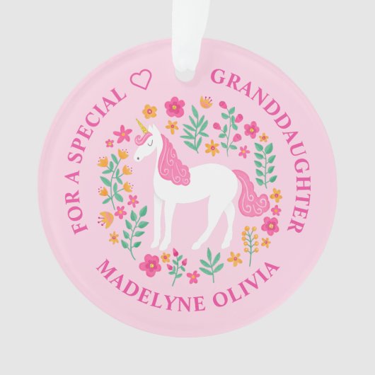 孫娘ユニコーン花かわいいピンク オーナメント (正面)