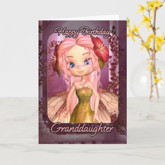 孫娘誕生日カードカウトピンクフェアリー カード (黄色い花)