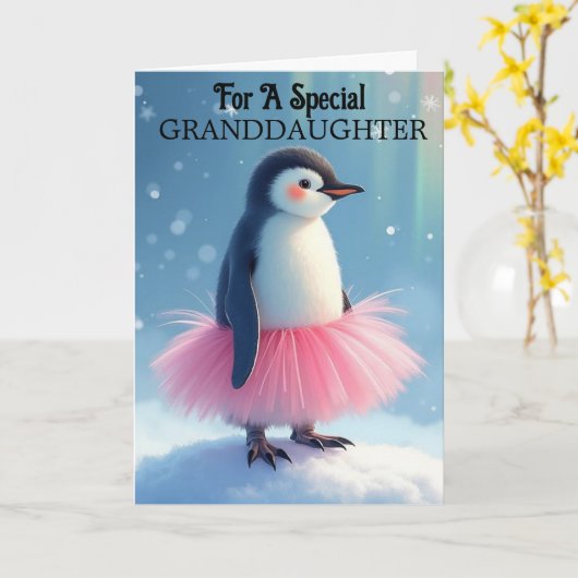 孫娘誕生日キュートバレリーナペンギン カード (黄色い花)